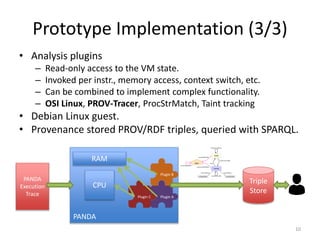 Prototype Implementation (3/3)
• Analysis plugins
– Read-only access to the VM state.
– Invoked per instr., memory access,...