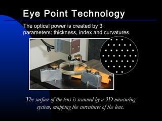 The optical power is created by 3
parameters: thickness, index and curvatures
The surface of the lens is scanned by a 3D measuring
system, mapping the curvatures of the lens.
Eye Point Technology
 