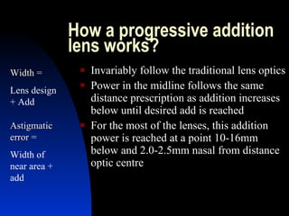 How a progressive addition lens works? Invariably follow the traditional lens optics Power in the midline follows the same distance prescription as addition increases below until desired add is reached  For the most of the lenses, this addition power is reached at a point 10-16mm below and 2.0-2.5mm nasal from distance optic centre Width  = Lens design + Add Astigmatic error  = Width of near area + add 