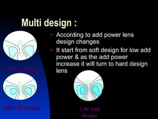 Multi design : According to add power lens design changes  It start from soft design for low add power & as the add power increase it will turn to hard design lens  1.50 Add Design 2.00 Add Design 2.50 Add Design 