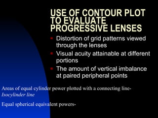 USE OF CONTOUR PLOT TO EVALUATE PROGRESSIVE LENSES Distortion of grid patterns viewed through the lenses Visual acuity attainable at different portions The amount of vertical imbalance at paired peripheral points Areas of equal cylinder power plotted with a connecting line-  Isocylinder line Equal spherical equivalent powers-  
