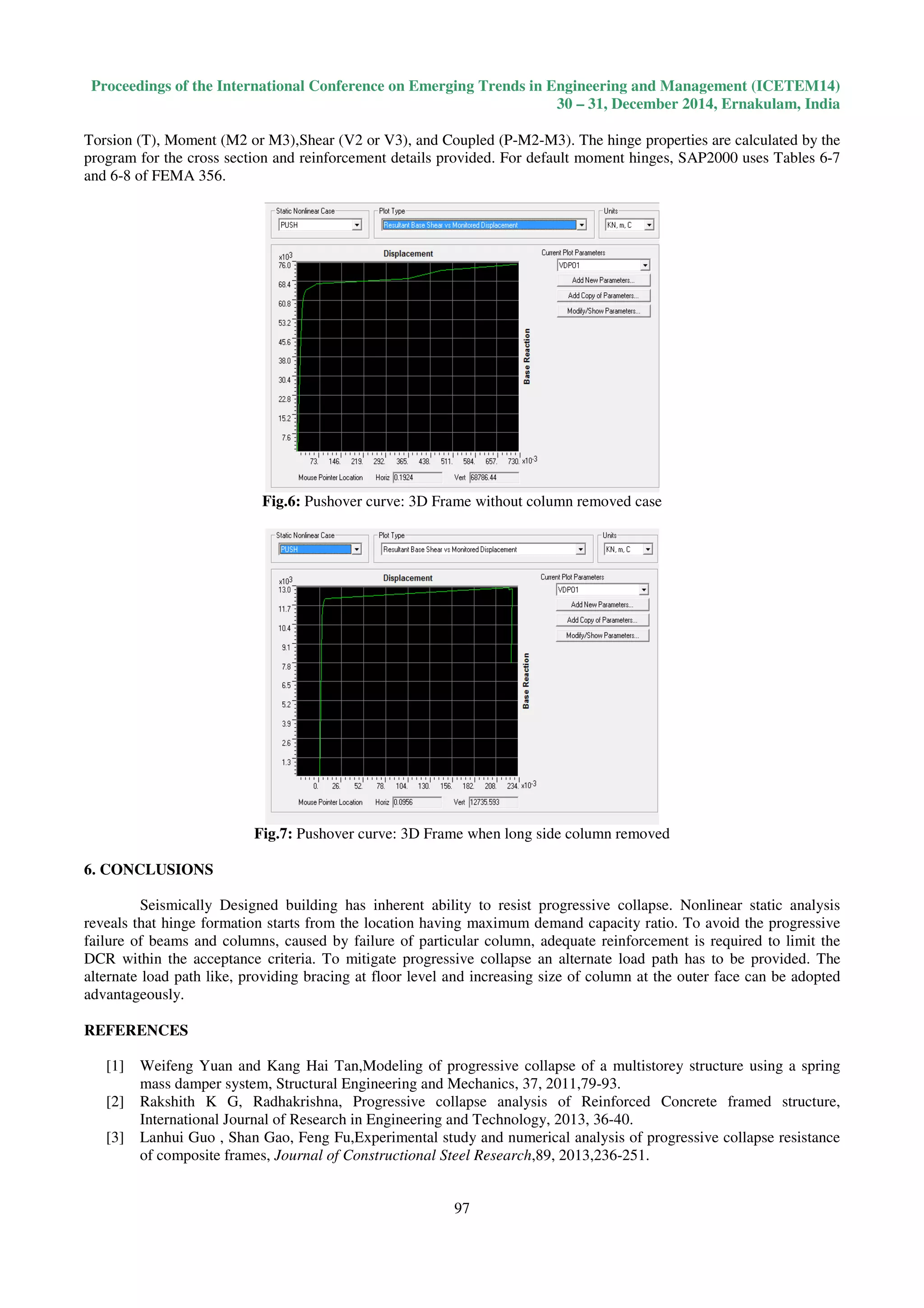 Proceedings of the International Conference on Emerging Trends in Engineering and Management (ICETEM14)
30 – 31, December 2014, Ernakulam, India
97
Torsion (T), Moment (M2 or M3),Shear (V2 or V3), and Coupled (P-M2-M3). The hinge properties are calculated by the
program for the cross section and reinforcement details provided. For default moment hinges, SAP2000 uses Tables 6-7
and 6-8 of FEMA 356.
Fig.6: Pushover curve: 3D Frame without column removed case
Fig.7: Pushover curve: 3D Frame when long side column removed
6. CONCLUSIONS
Seismically Designed building has inherent ability to resist progressive collapse. Nonlinear static analysis
reveals that hinge formation starts from the location having maximum demand capacity ratio. To avoid the progressive
failure of beams and columns, caused by failure of particular column, adequate reinforcement is required to limit the
DCR within the acceptance criteria. To mitigate progressive collapse an alternate load path has to be provided. The
alternate load path like, providing bracing at floor level and increasing size of column at the outer face can be adopted
advantageously.
REFERENCES
[1] Weifeng Yuan and Kang Hai Tan,Modeling of progressive collapse of a multistorey structure using a spring
mass damper system, Structural Engineering and Mechanics, 37, 2011,79-93.
[2] Rakshith K G, Radhakrishna, Progressive collapse analysis of Reinforced Concrete framed structure,
International Journal of Research in Engineering and Technology, 2013, 36-40.
[3] Lanhui Guo , Shan Gao, Feng Fu,Experimental study and numerical analysis of progressive collapse resistance
of composite frames, Journal of Constructional Steel Research,89, 2013,236-251.
 
