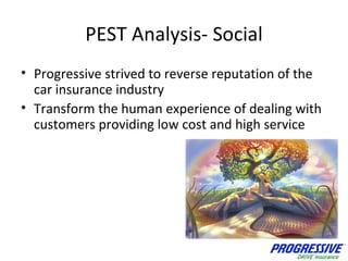 PEST Analysis- Social <ul><li>Progressive strived to reverse reputation of the car insurance industry </li></ul><ul><li>Tr...