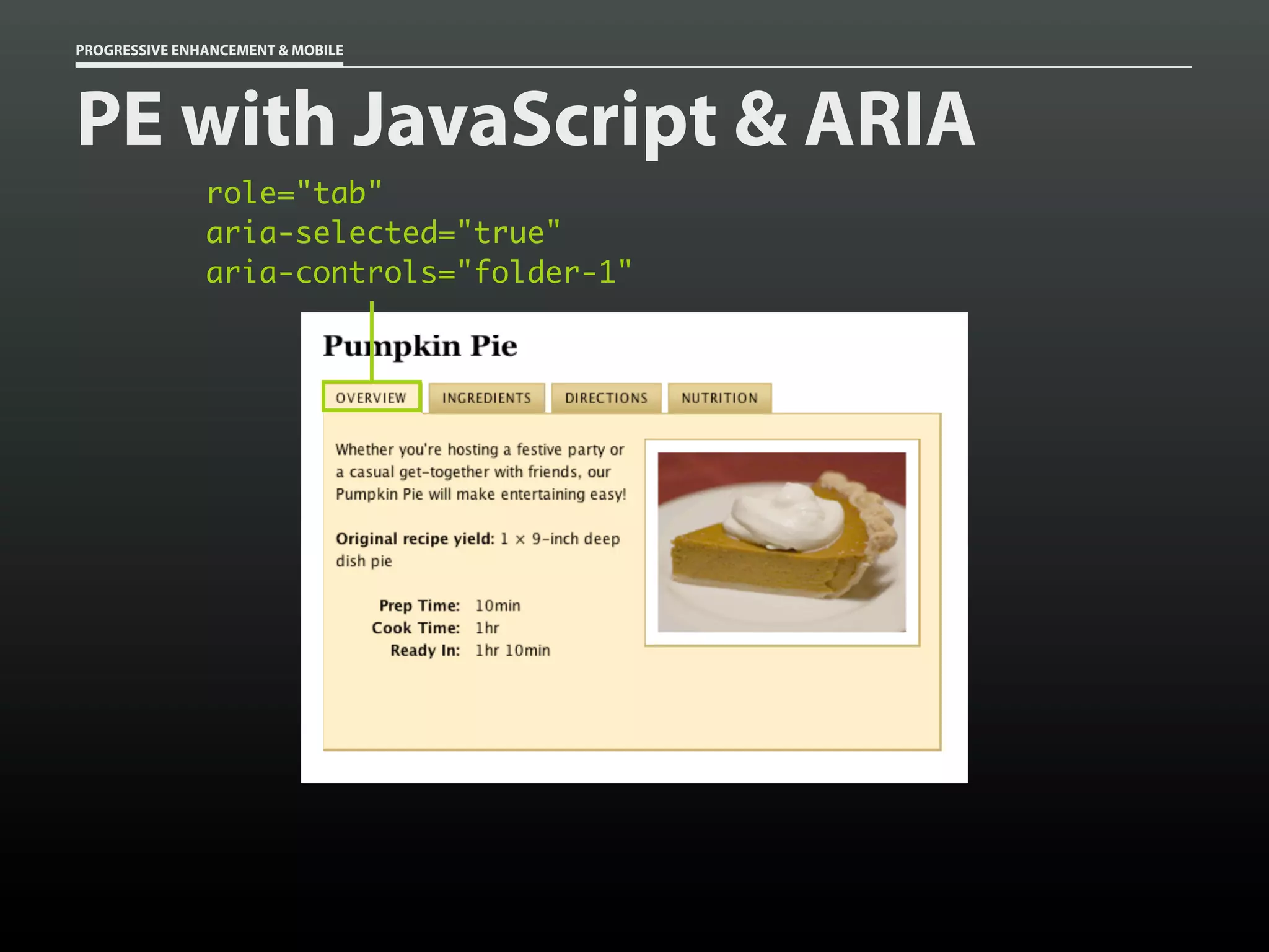 PROGRESSIVE ENHANCEMENT & MOBILE




PE with JavaScript & ARIA
               role="tab"
               aria-selected="true"
               aria-controls="folder-1"
 