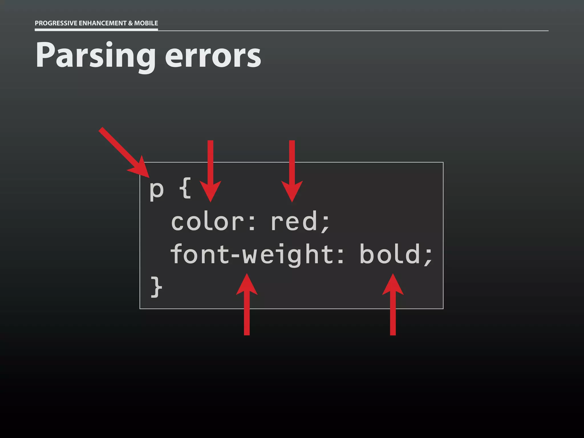 PROGRESSIVE ENHANCEMENT & MOBILE




Parsing errors


                             p{
                               color: red;
                               font-weight: bold;
                             }
 