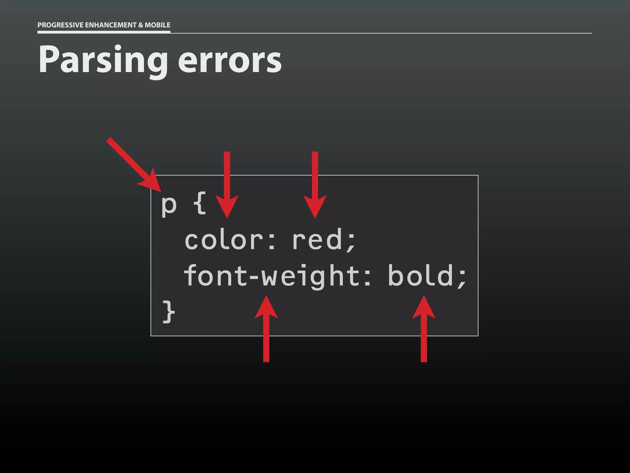 PROGRESSIVE ENHANCEMENT & MOBILE




Parsing errors


                             p{
                               color: red;
                               font-weight: bold;
                             }
 