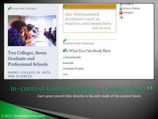 In-context Content Editing – Layout View
                          Each green pencil links directly to the edit mode of th...