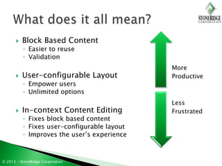    Block Based Content
           ◦ Easier to reuse
           ◦ Validation
                                             ...
