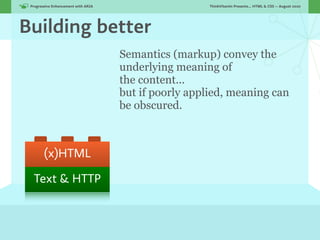 Progressive Enhancement with ARIA!                     ThinkVitamin Presents... HTML & CSS — August 2010




Building better
                                      Semantics (markup) convey the
                                      underlying meaning of
                                      the content...
                                      but if poorly applied, meaning can
                                      be obscured.



        (x)HTML

  Text & HTTP
 