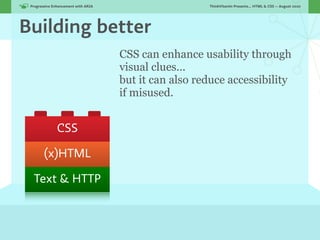 Progressive Enhancement with ARIA!                     ThinkVitamin Presents... HTML & CSS — August 2010




Building better
                                      CSS can enhance usability through
                                      visual clues...
                                      but it can also reduce accessibility
                                      if misused.


               CSS

        (x)HTML

  Text & HTTP
 