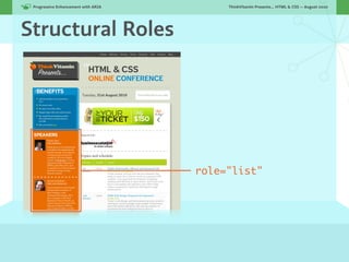 Progressive Enhancement with ARIA!        ThinkVitamin Presents... HTML & CSS — August 2010




Structural Roles




                                      role="list"
 