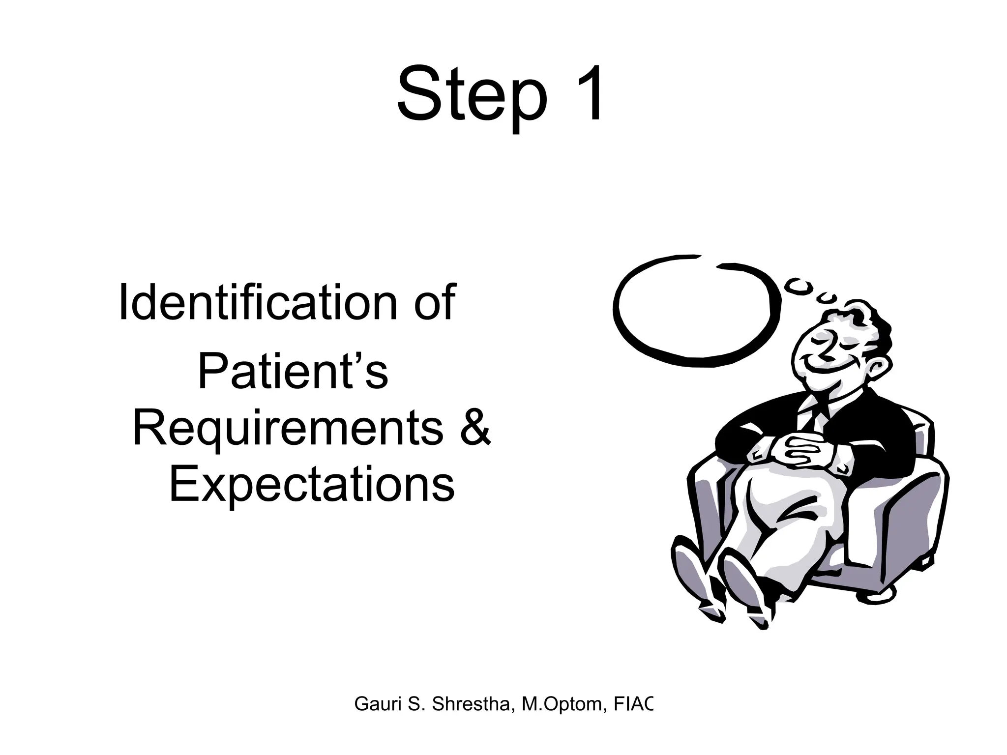 Step 1 Identification of  Patient’s Requirements & Expectations 