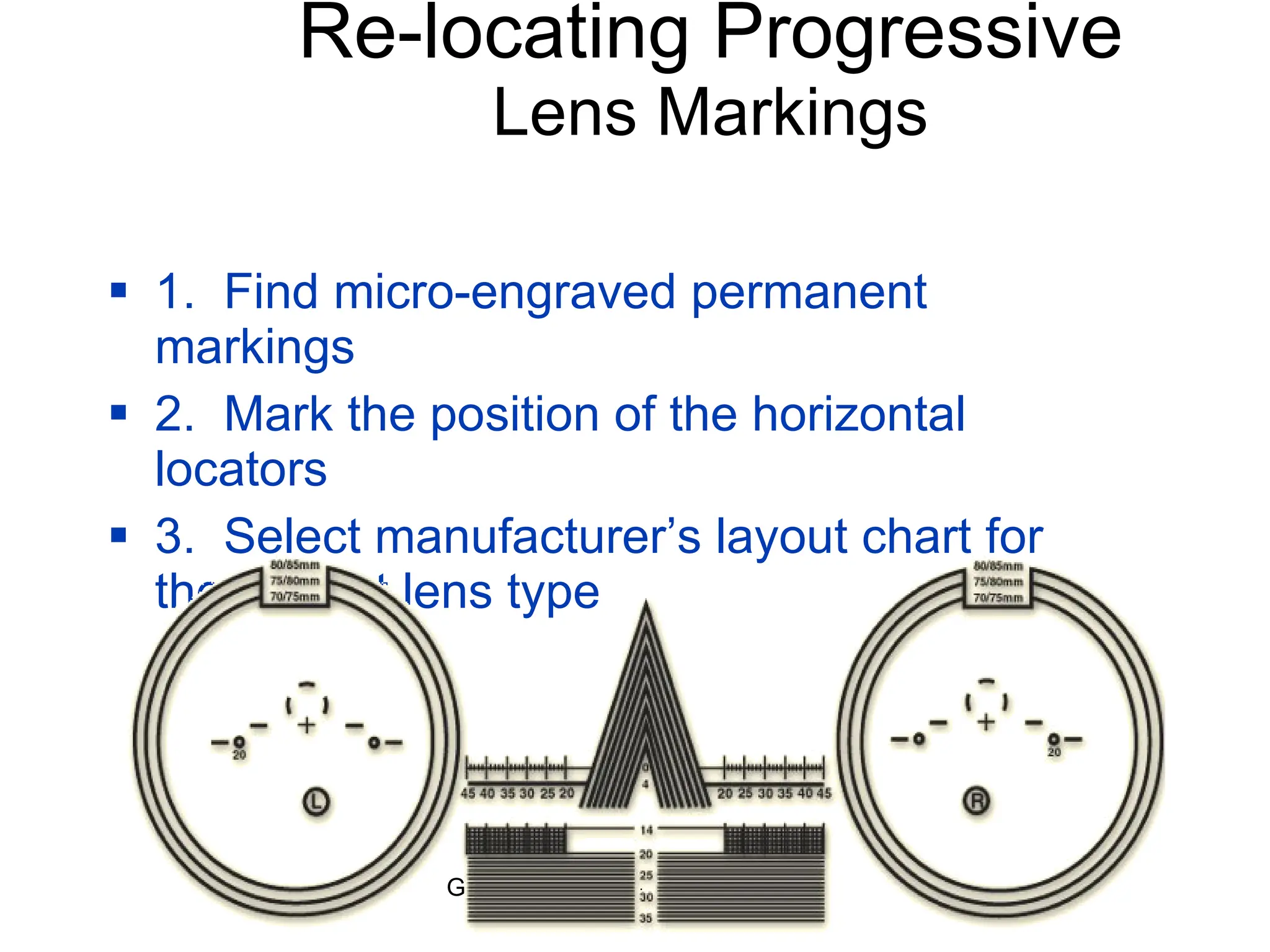 Re-locating Progressive Lens Markings 1.  Find micro-engraved permanent markings 2.  Mark the position of the horizontal locators 3.  Select manufacturer’s layout chart for the correct lens type 