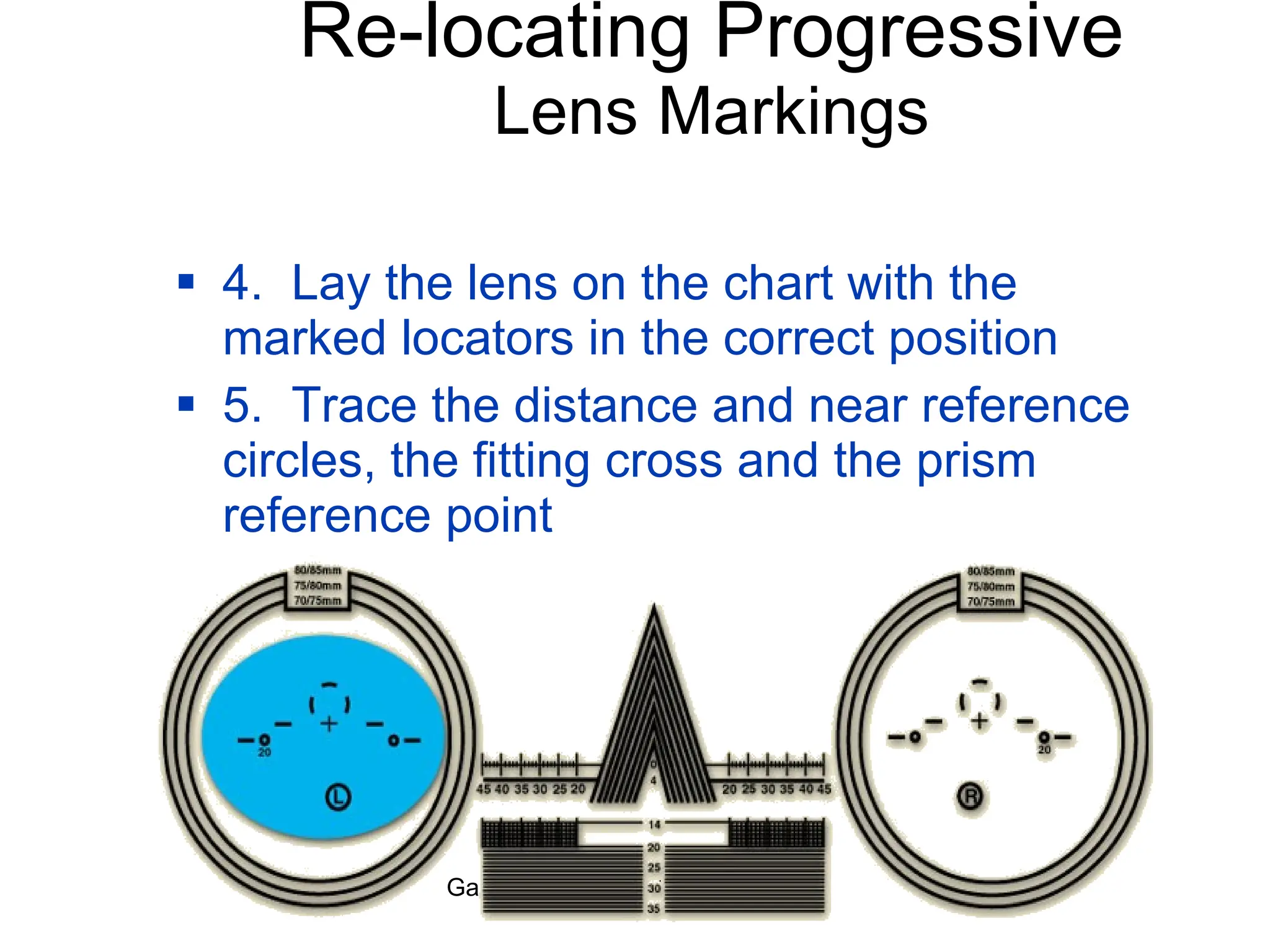 Re-locating Progressive Lens Markings 4.  Lay the lens on the chart with the marked locators in the correct position 5.  Trace the distance and near reference circles, the fitting cross and the prism reference point 