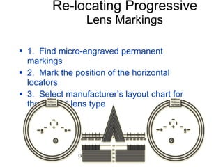 Re-locating Progressive Lens Markings 1.  Find micro-engraved permanent markings 2.  Mark the position of the horizontal locators 3.  Select manufacturer’s layout chart for the correct lens type 