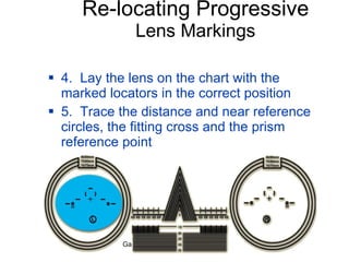 Re-locating Progressive Lens Markings 4.  Lay the lens on the chart with the marked locators in the correct position 5.  Trace the distance and near reference circles, the fitting cross and the prism reference point 