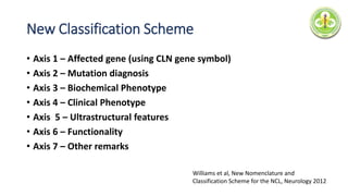 New Classification Scheme
• Axis 1 – Affected gene (using CLN gene symbol)
• Axis 2 – Mutation diagnosis
• Axis 3 – Biochemical Phenotype
• Axis 4 – Clinical Phenotype
• Axis 5 – Ultrastructural features
• Axis 6 – Functionality
• Axis 7 – Other remarks
Williams et al, New Nomenclature and
Classification Scheme for the NCL, Neurology 2012
 