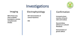 Investigations
Imaging Electrophysiology Confirmation
MRI of brain may
show cerebellar
hemispheric, vermian
and peduncular
atrophy
SEP- Demonstration of
cortical myoclonus
EEG
Increased urinary
excretion of bound
sialic acid residues
Neuraminidase
deficiency in cultured
fibroblasts
Demonstration of
genetic defects
 