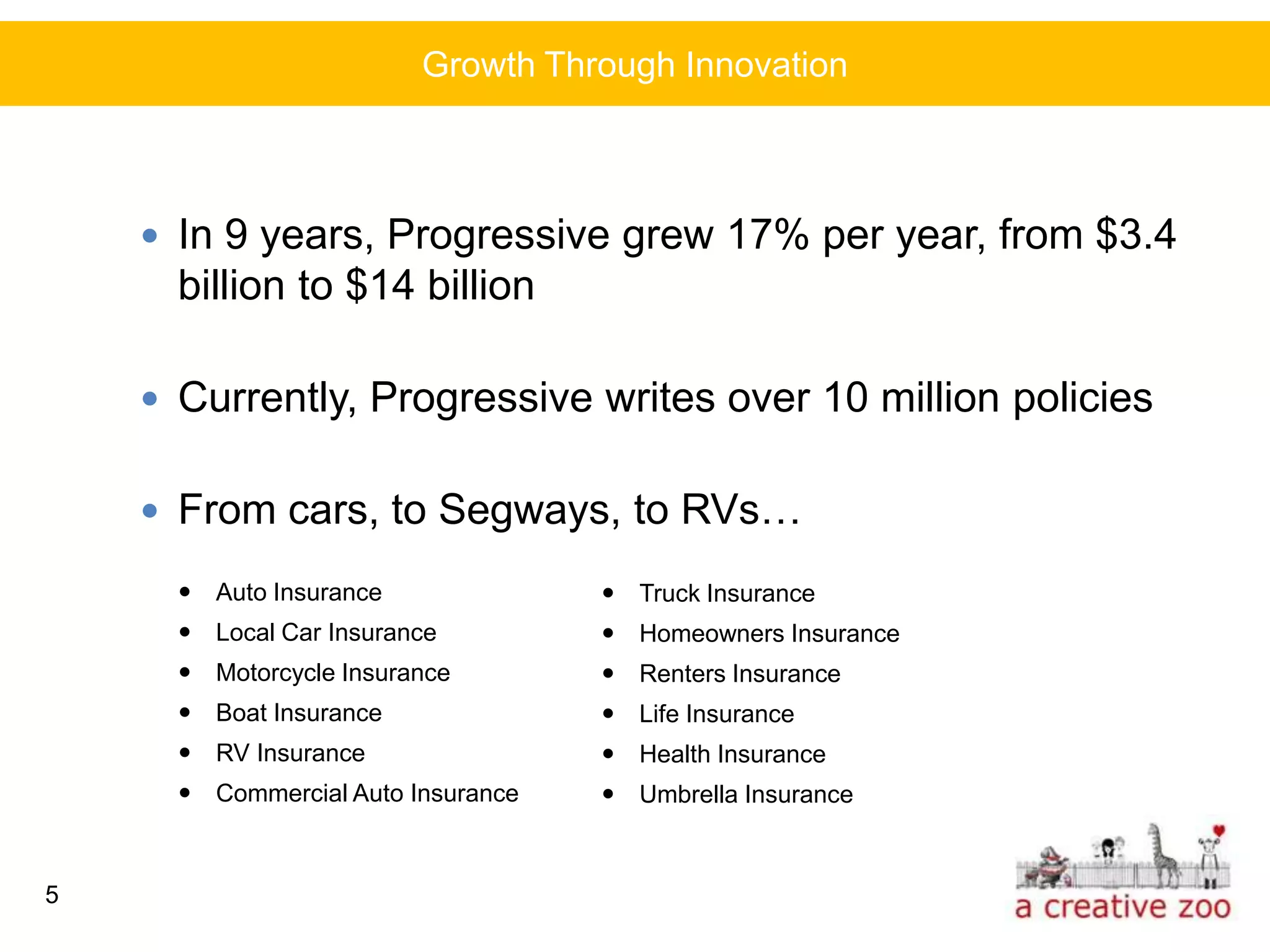 Growth Through Innovation



     In 9 years, Progressive grew 17% per year, from $3.4
      billion to $14 billion

     Currently, Progressive writes over 10 million policies


     From cars, to Segways, to RVs…

       Auto Insurance               Truck Insurance
       Local Car Insurance          Homeowners Insurance
       Motorcycle Insurance         Renters Insurance
       Boat Insurance               Life Insurance
       RV Insurance                 Health Insurance
       Commercial Auto Insurance    Umbrella Insurance



5
 