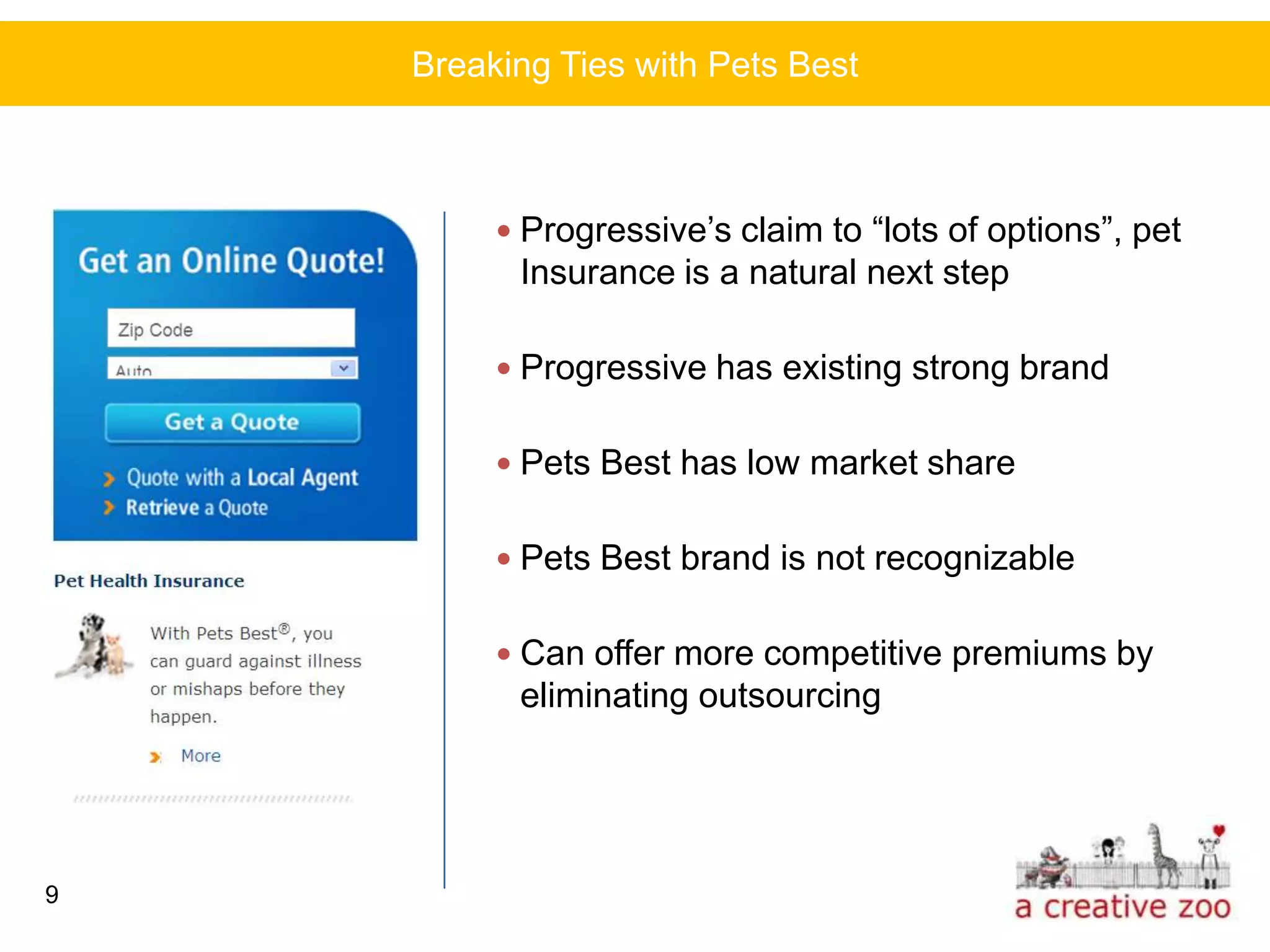 Breaking Ties with Pets Best



          Progressive’s claim to “lots of options”, pet
          Insurance is a natural next step

          Progressive has existing strong brand


          Pets Best has low market share


          Pets Best brand is not recognizable


          Can offer more competitive premiums by
          eliminating outsourcing




9
 