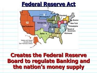 Creates the Federal Reserve Board to regulate Banking and the nation’s money supply Federal Reserve Act                              