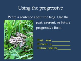 Using the progressive
Write a sentence about the frog. Use the
past, present, or future
progressive form.
Past: was ___________
Present: is ___________
Future: will be________
 