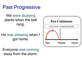 Past Progressive
  We were studying
 plants when the bell
        rang.

He was sleeping when I
     got home.

Everyone was running
away from the storm.
 