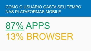 COMO O USUÁRIO GASTA SEU TEMPO
NAS PLATAFORMAS MOBILE
87% APPS
13% BROWSER
 