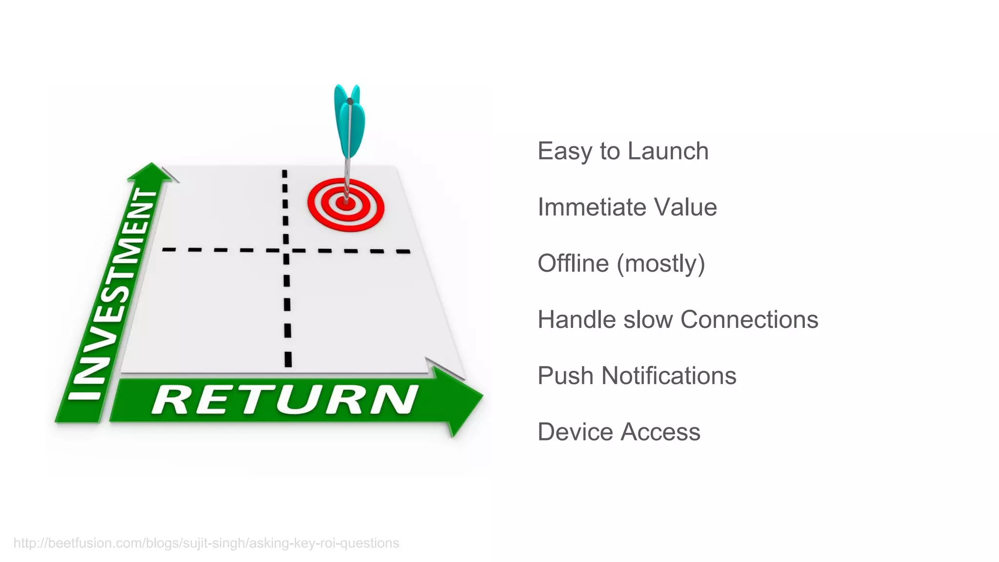 http://beetfusion.com/blogs/sujit-singh/asking-key-roi-questions
Easy to Launch
Immetiate Value
Offline (mostly)
Handle slow Connections
Push Notifications
Device Access
 