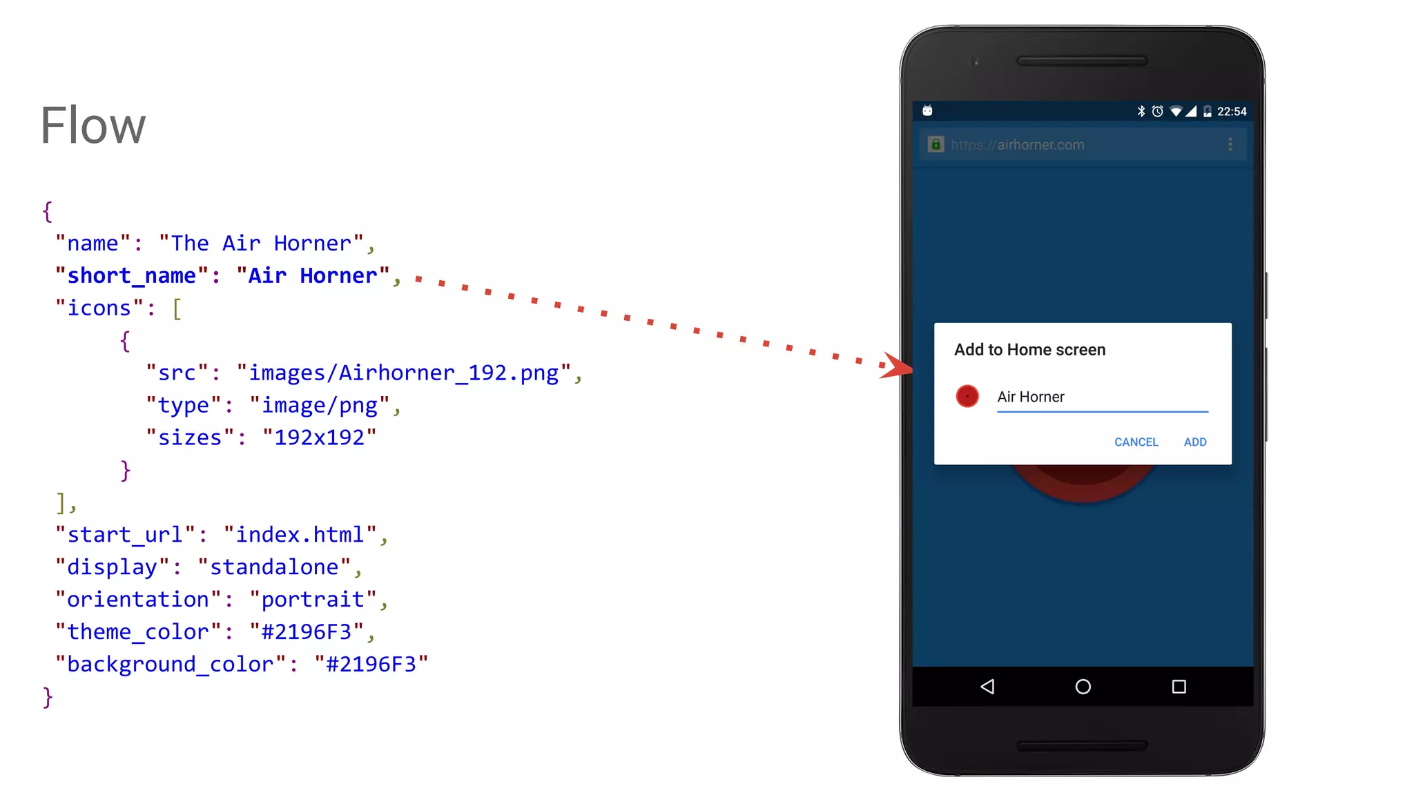 Flow
{
"name": "The Air Horner",
"short_name": "Air Horner",
"icons": [
{
"src": "images/Airhorner_192.png",
"type": "image/png",
"sizes": "192x192"
}
],
"start_url": "index.html",
"display": "standalone",
"orientation": "portrait",
"theme_color": "#2196F3",
"background_color": "#2196F3"
}
 