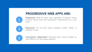 i
i
i Connectivity independent: Enhanced with service workers to
work offline or on low quality networks.
Responsive: Fit any form factor, desktop, mobile, tablet, or
whatever is next.
Progressive: Work for every user, regardless of browser choice
because they’re built with progressive enhancement as a core
tenet.
PROGRESSIVE WEB APPS ARE:
 