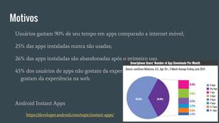 Motivos
Usuários gastam 90% de seu tempo em apps comparado a internet móvel;
25% das apps instaladas nunca são usadas;
26% das apps instaladas são abandonadas após o primeiro uso.
45% dos usuários de apps não gostam da experiência ofertada, e 47% não
gostam da experiência na web.
Android Instant Apps
https://developer.android.com/topic/instant-apps/
 