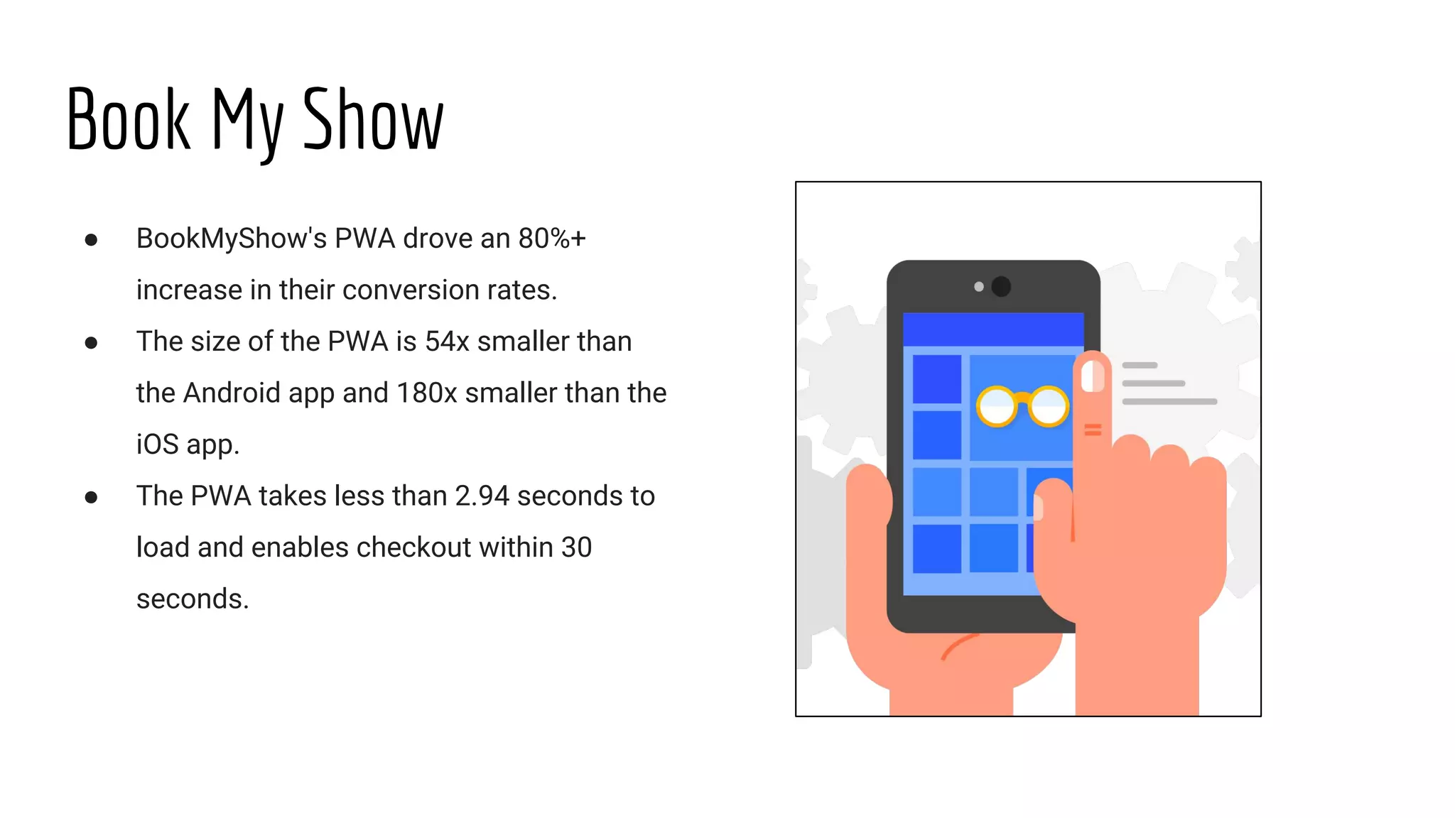 Book My Show
● BookMyShow's PWA drove an 80%+
increase in their conversion rates.
● The size of the PWA is 54x smaller than
the Android app and 180x smaller than the
iOS app.
● The PWA takes less than 2.94 seconds to
load and enables checkout within 30
seconds.
 