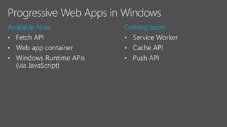 Available Now
•
•
•
Coming soon
• Service Worker
• Cache API
• Push API
 