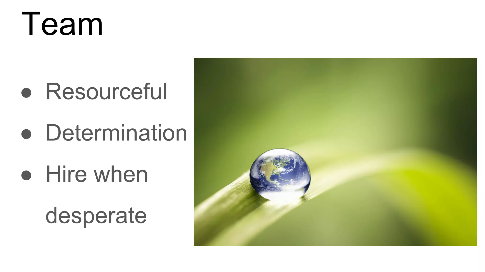 Team
● Resourceful
● Determination
● Hire when
desperate
 