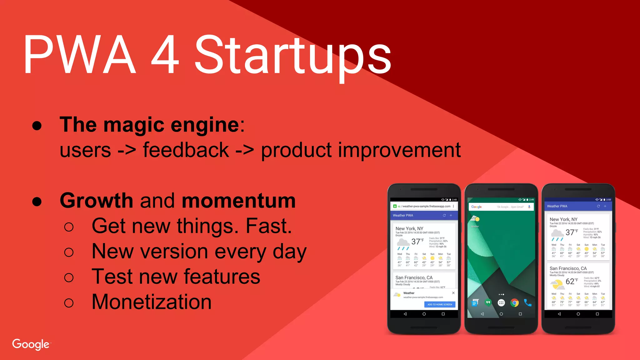 Proprietary + Confidential
PWA 4 Startups
● The magic engine:
users -> feedback -> product improvement
● Growth and momentum
○ Get new things. Fast.
○ New version every day
○ Test new features
○ Monetization
 