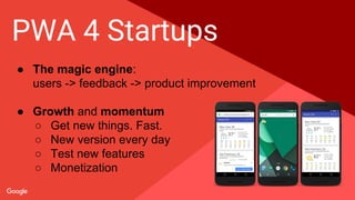 Proprietary + Confidential
PWA 4 Startups
● The magic engine:
users -> feedback -> product improvement
● Growth and momentum
○ Get new things. Fast.
○ New version every day
○ Test new features
○ Monetization
 