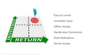 http://beetfusion.com/blogs/sujit-singh/asking-key-roi-questions
Easy to Launch
Immediate Value
Offline (mostly)
Handle slow Connections
Push Notifications
Device Access
 