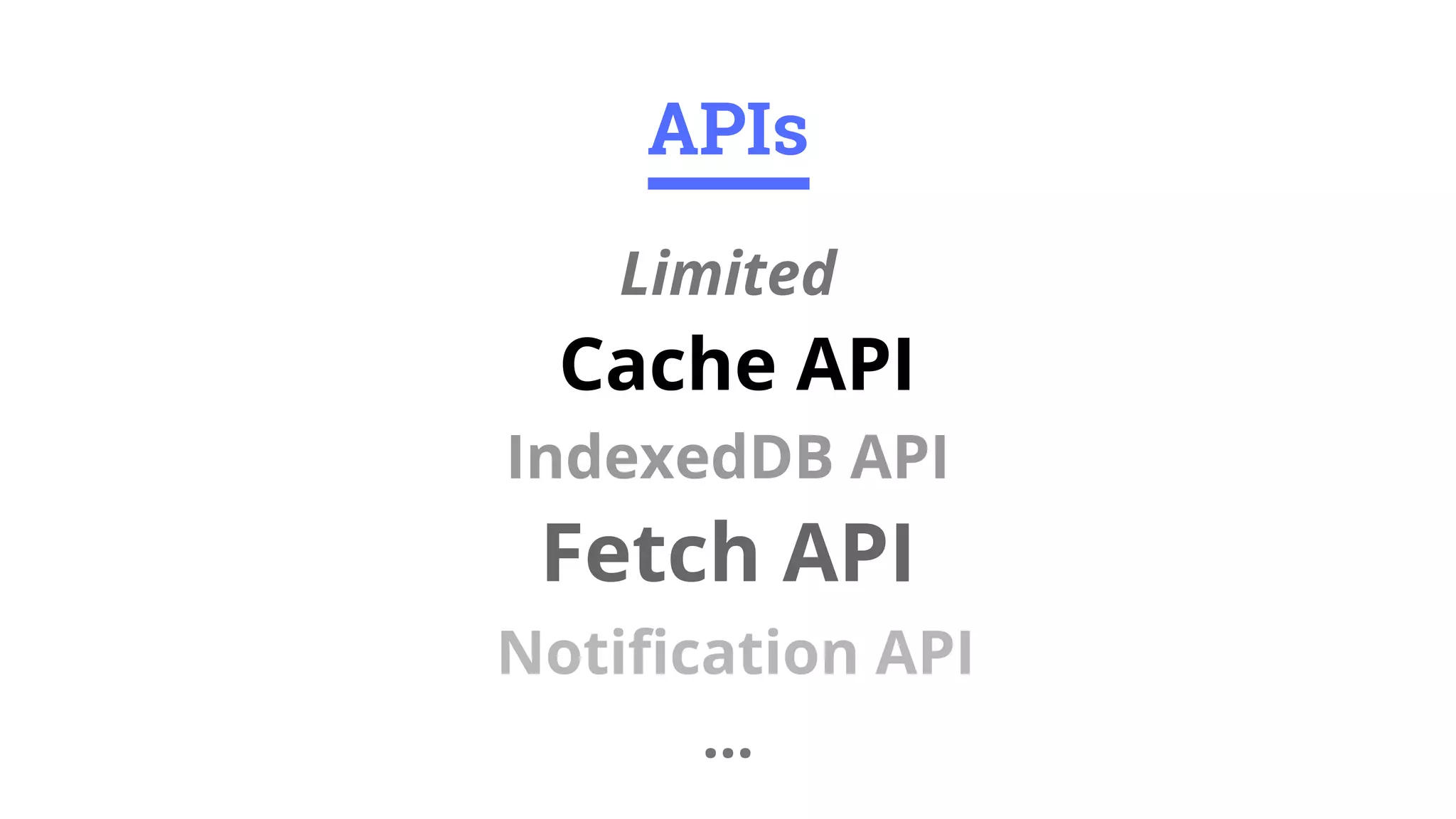 Limited
Cache API
IndexedDB API
Fetch API
Notification API
...
APIs
 
