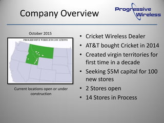 Company Overview
• Cricket Wireless Dealer
• AT&T bought Cricket in 2014
• Created virgin territories for
first time in a decade
• Seeking $5M capital for 100
new stores
• 2 Stores open
• 14 Stores in Process
Current locations open or under
construction
October 2015
 