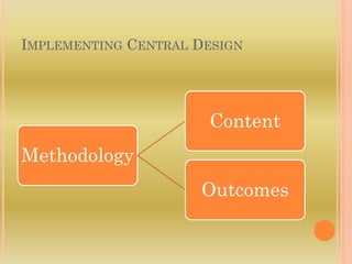 IMPLEMENTING CENTRAL DESIGN
Methodology
Content
Outcomes
 