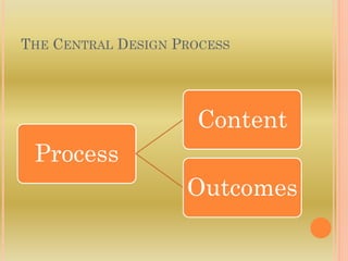 THE CENTRAL DESIGN PROCESS
Process
Content
Outcomes
 