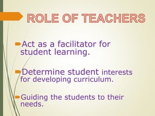 Act as a facilitator for
student learning.
Determine student interests
for developing curriculum.
Guiding the students to their
needs.
 