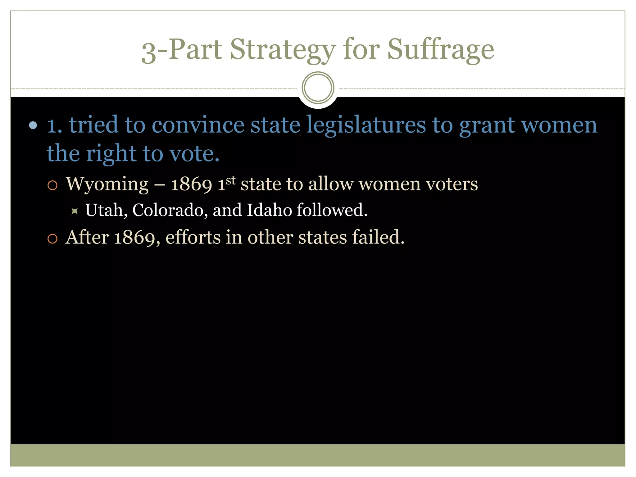 3-Part Strategy for Suffrage
 1. tried to convince state legislatures to grant women
the right to vote.
 Wyoming – 1869 1st state to allow women voters
 Utah, Colorado, and Idaho followed.
 After 1869, efforts in other states failed.
 