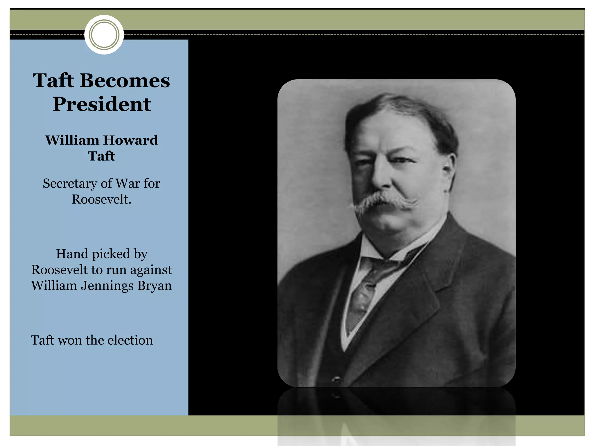 Taft Becomes
President
William Howard
Taft
Secretary of War for
Roosevelt.
Hand picked by
Roosevelt to run against
William Jennings Bryan
Taft won the election
 