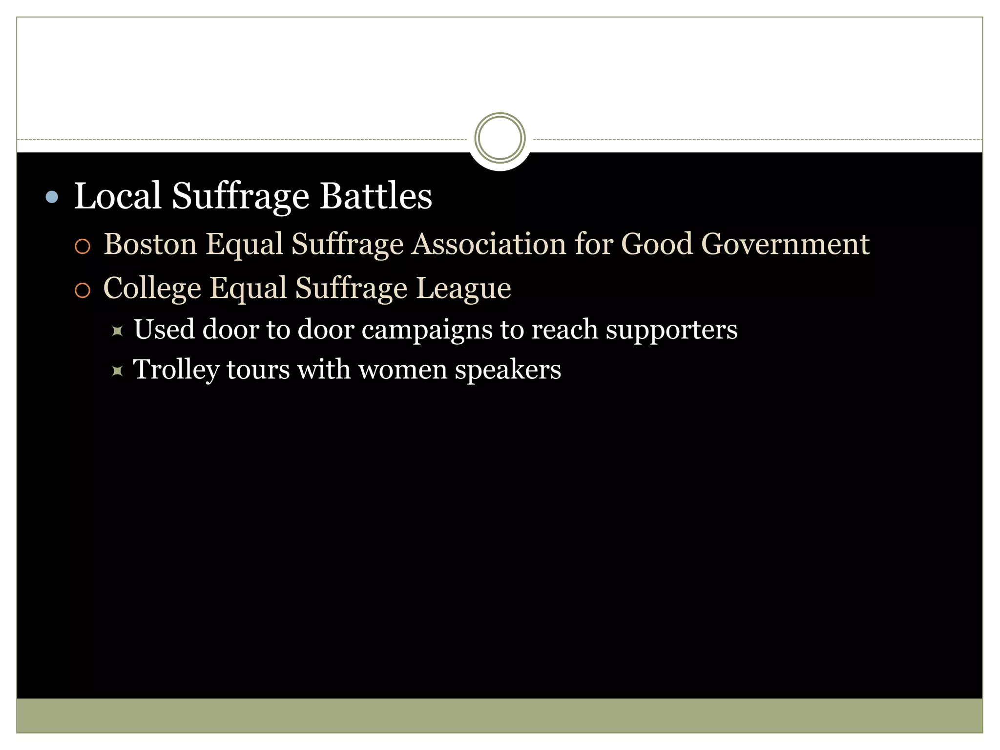  Local Suffrage Battles
 Boston Equal Suffrage Association for Good Government
 College Equal Suffrage League
 Used door to door campaigns to reach supporters
 Trolley tours with women speakers
 