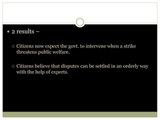  2 results –
 Citizens now expect the govt. to intervene when a strike
threatens public welfare.
 Citizens believe that disputes can be settled in an orderly way
with the help of experts.
 