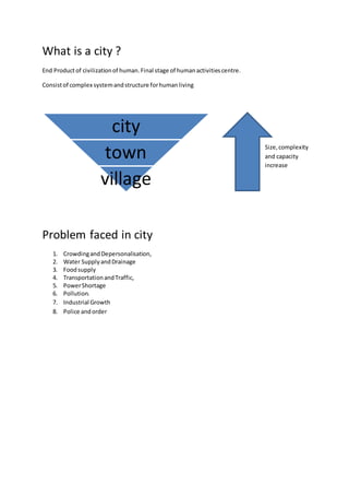 What is a city ?
End Productof civilizationof human.Final stage of humanactivitiescentre.
Consistof complex systemandstructure forhumanliving
Problem faced in city
1. CrowdingandDepersonalisation,
2. Water SupplyandDrainage
3. Foodsupply
4. TransportationandTraffic,
5. PowerShortage
6. Pollution.
7. Industrial Growth
8. Police andorder
city
town
village
Size,complexity
and capacity
increase
 