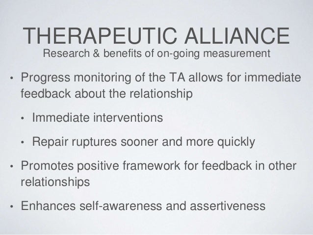 therapeutic alliance essay According to the social work dictionary (barker, 2003), empathy can be defined as “the act of perceiving, understanding, experiencing, and responding to the. therapeutic alliance essay According to the social work dictionary (barker, 2003), empathy can be defined as “the act of perceiving, understanding, experiencing, and responding to the.