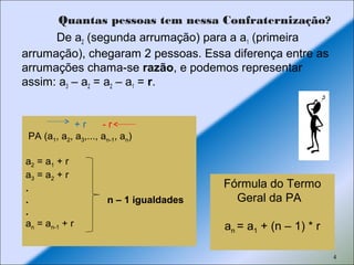 Quantas pessoas tem nessa Confraternização?
De a2 (segunda arrumação) para a a1 (primeira
arrumação), chegaram 2 pessoas. Essa diferença entre as
arrumações chama-se razão, e podemos representar
assim: a3 – a2 = a2 – a1 = r.
4
+ r - r
PA (a1, a2, a3,..., an-1, an)
a2 = a1 + r
a3 = a2 + r
.
. n – 1 igualdades
.
an = an-1 + r
Fórmula do Termo
Geral da PA
an = a1 + (n – 1) * r
 